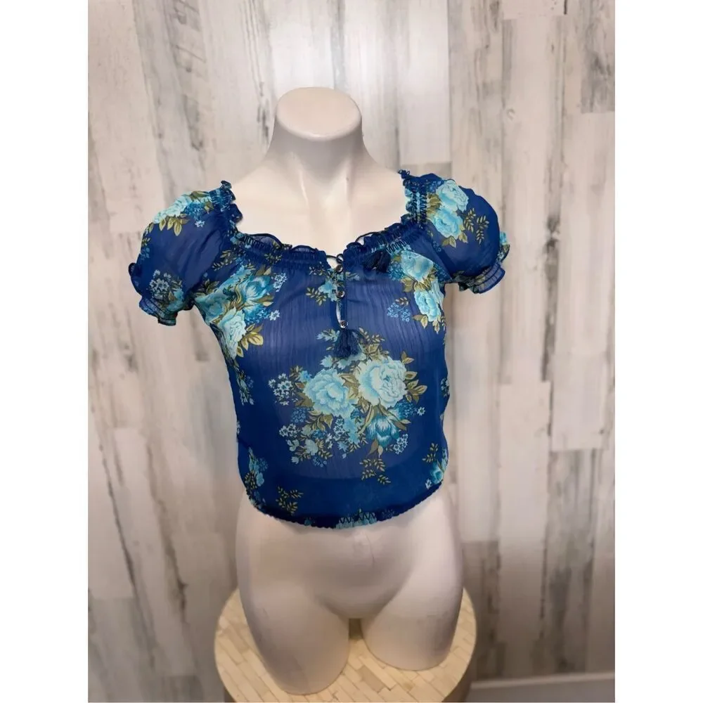 Abercrombie & Fitch Blue Floral Crop Top Womens Extra Small XS Puff Sleeve TLC